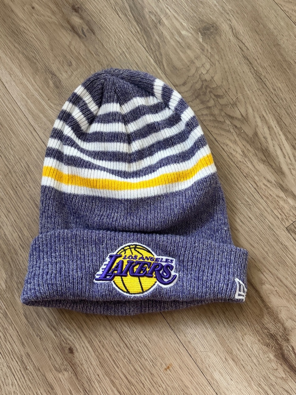 New Era Los Angeles Lakers Purple White Yellow Striped Cuff Beanie